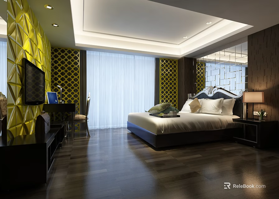 Modern Hotel Room Interior Design With King Bed TV And Decorative Wall 3d model 