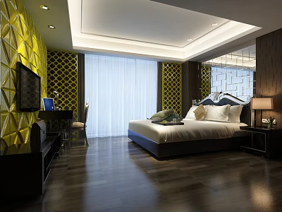 Modern Hotel Room Interior Design With King Bed TV And Decorative Wall 3d model