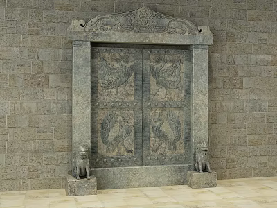 Intricate Stone Entrance Gate With Carved Patterns And Stone Lion Statues Set Against Stone Wall 3d model