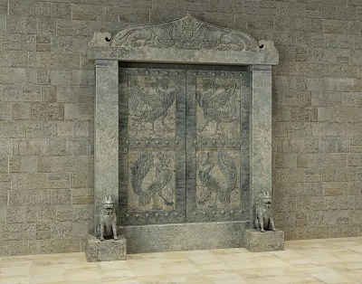 Intricate Stone Entrance Gate With Carved Patterns And Stone Lion Statues Set Against Stone Wall 3d model