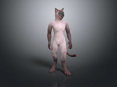 Game Film Character Feline Humanoid 3D Model Green Eyes White Body Standing Pose and Tail 3d model