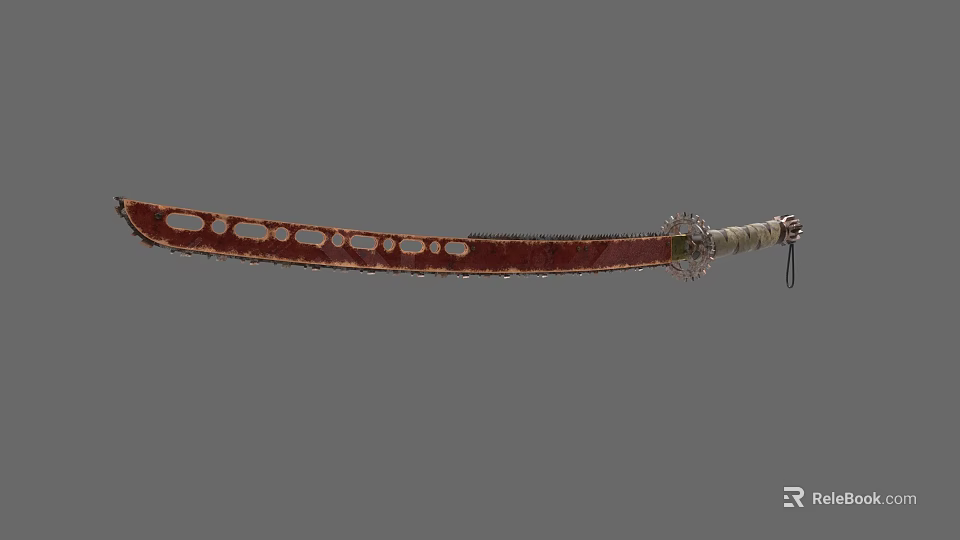 Traditional Decorative Weapon With Red Blade Holes And Ornate Handle Design 3d model 