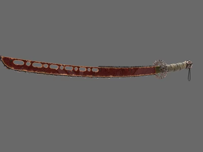 Traditional Decorative Weapon With Red Blade Holes And Ornate Handle Design 3d model
