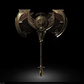 Ornate Mythical War Hammer With Golden Red Accents Wing Shaped Design And Spiked Base