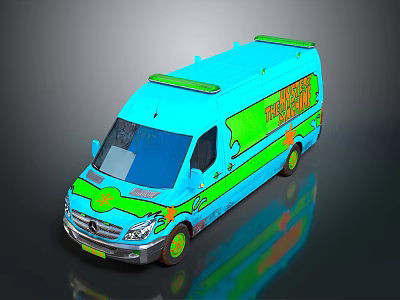 Vibrant Blue Mercedes-Benz Van With Green And Orange Graphics The Mystery Machine Text 3d model
