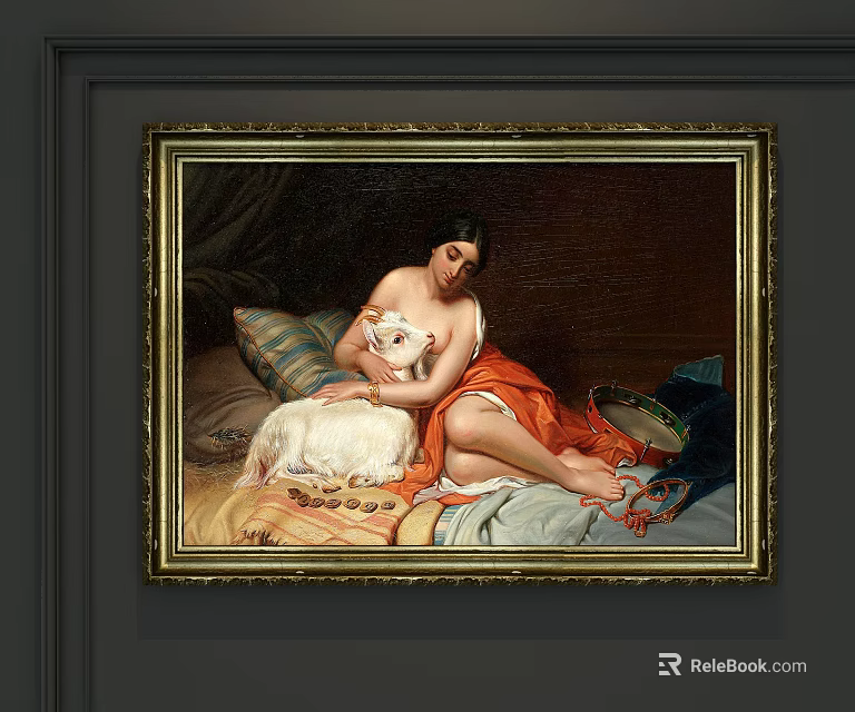 Vintage Figure Painting Featuring Female With White Goat Red Dress And Golden Frame 3d model 
