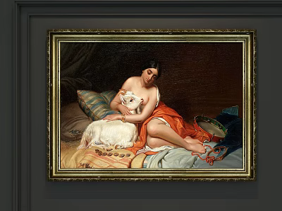 Vintage Figure Painting Featuring Female With White Goat Red Dress And Golden Frame 3d model