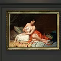 Vintage Figure Painting Featuring Female With White Goat Red Dress And Golden Frame