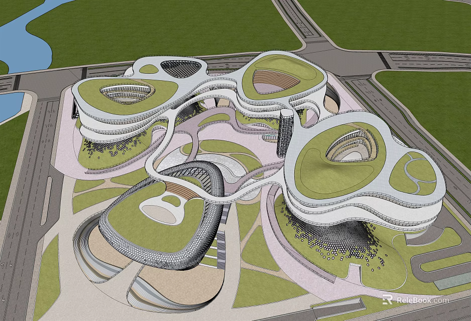 Aerial View Of Modern Architectural Complex With Irregular White Structures And Green Roofs 3d model 