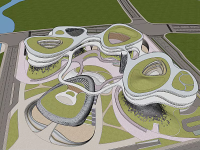 Aerial View Of Modern Architectural Complex With Irregular White Structures And Green Roofs 3d model