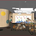 Bright Kindergarten Interior With Cloud Pendant Lights Colorful Block Wall And Wooden Kids Furniture