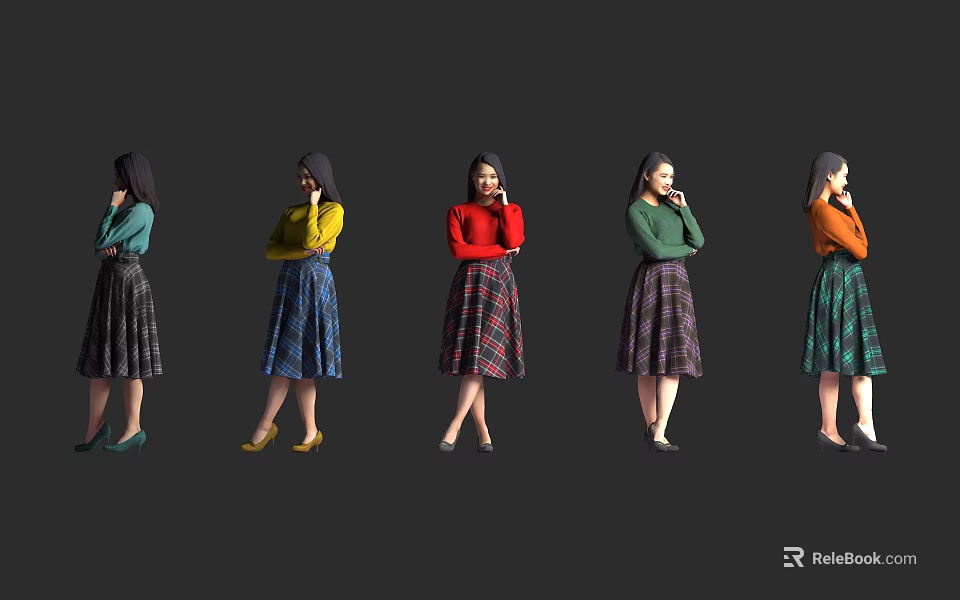 Women In Colorful Tops And Plaid Skirts With Various Standing Poses 3d model 