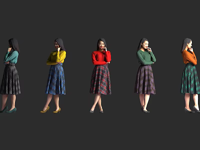 Women In Colorful Tops And Plaid Skirts With Various Standing Poses 3d model