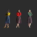 Women In Colorful Tops And Plaid Skirts With Various Standing Poses