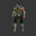 Armored Warrior Character Standing With Black Hood Yellow Red Armor And Weapon On Gray Background
