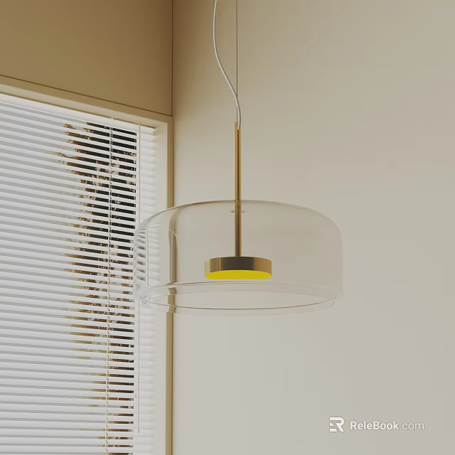 Modern Glass Pendant Light Gold Frame Yellow Base Near Window White Blinds Light Beige Wall 3d model 