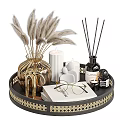 Elegant Decorative Ornament Set With Feather Vase Golden Sculpture Candles Black Tray And Golden Trim