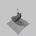 Pirate Ship With Blue Sail Skull and Crossbones Flag Wooden Hull on Waves