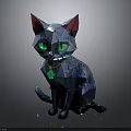 Polygonal Dark Colored Cat 3D Model with Green Eyes Red Ears and Golden Collar