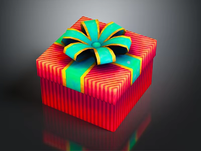 Red Striped Gift Box With Vibrant Green And Yellow Bow And Decorative Design 3d model