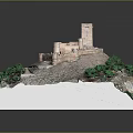 Detailed Scale Model of Ancient Castle on Hill with Green Trees and Tower