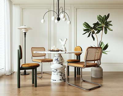 Elegant Dining Table Set With Marble Top Wicker Chairs Chandelier And Green Plant 3d model