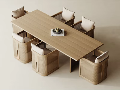 Minimalist Wooden Dining Table With Cushioned Chairs Set For Modern Home Interior 3d model
