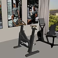 Fitness Equipment in Indoor Gym with Stationary Bikes Digital Screens Athlete Posters and Window Greenery