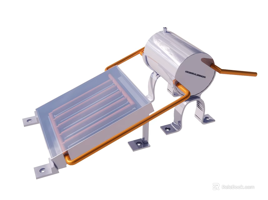 Sunmaster Solar Collector Device With Cylindrical Tank Orange Handle Transparent Panel On Metal Stand Frame 3d model 