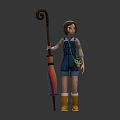 Character Wearing Blue Overalls With Yellow Boots And Curved Handle Staff With Colorful Decoration