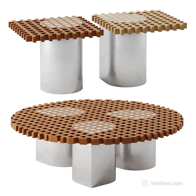 Round Coffee Table With Wooden Grid Top And Silver Metal Pillar Design 3d model 