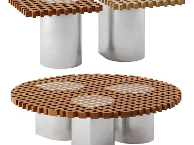 Round Coffee Table With Wooden Grid Top And Silver Metal Pillar Design 3d model