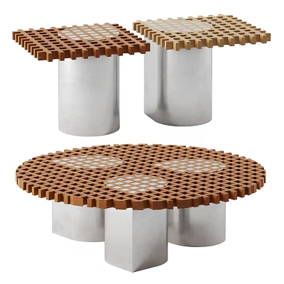 Round Coffee Table With Wooden Grid Top And Silver Metal Pillar Design 3d model