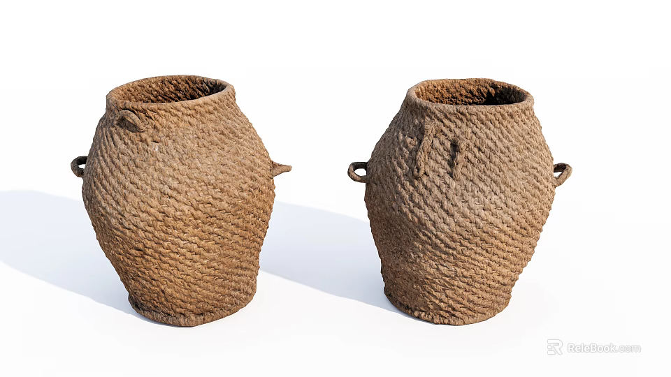 Pair Of Handwoven Brown Storage Baskets With Handles And Natural Material 3d model 