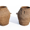 Pair Of Handwoven Brown Storage Baskets With Handles And Natural Material