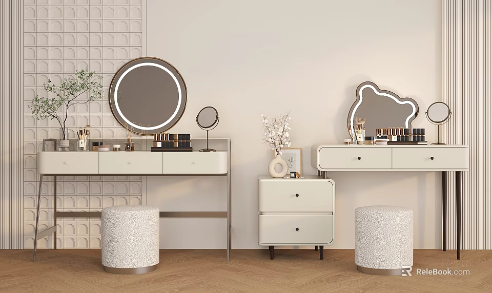 Modern Dressing Table Interior Design With Round Mirror Stools And Decorative Items 3d model 