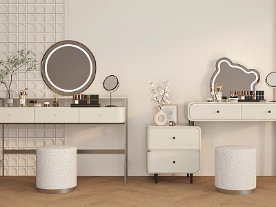 Modern Dressing Table Interior Design With Round Mirror Stools And Decorative Items 3d model