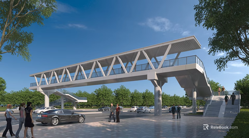 Modern Pedestrian Bridge With Truss Structure And Cars Trees Pedestrians Under Blue Sky 3d model 
