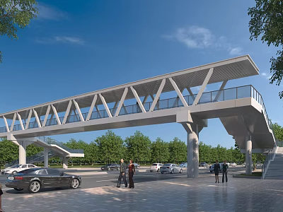 Modern Pedestrian Bridge With Truss Structure And Cars Trees Pedestrians Under Blue Sky 3d model