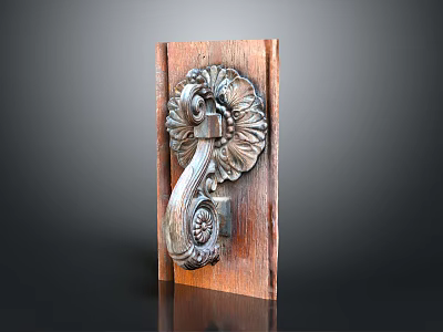 Antique Wooden Door Handle With Intricate Carved Floral Scroll Design On Wooden Base 3d model