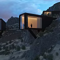 Container Style Hanging Boutique Guesthouse on Mountain Slope with Sunset Sky and Natural Landscape