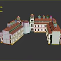 3D Classical Architectural Model With Red Roofs White Walls Symmetric Design And Tower
