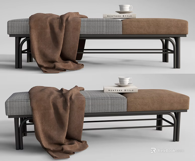 Stylish Modern Sofa Bench With Checkered Fabric Brown Throw Blanket And Metal Legs 3d model 