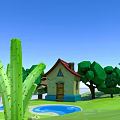 Vibrant Cartoon Scenic Landscape With Winding Blue River Lush Green Trees And Small Houses