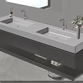 Modern Double Sink Bathroom Washbasin with White Countertop Dark Cabinets and Flower Vase