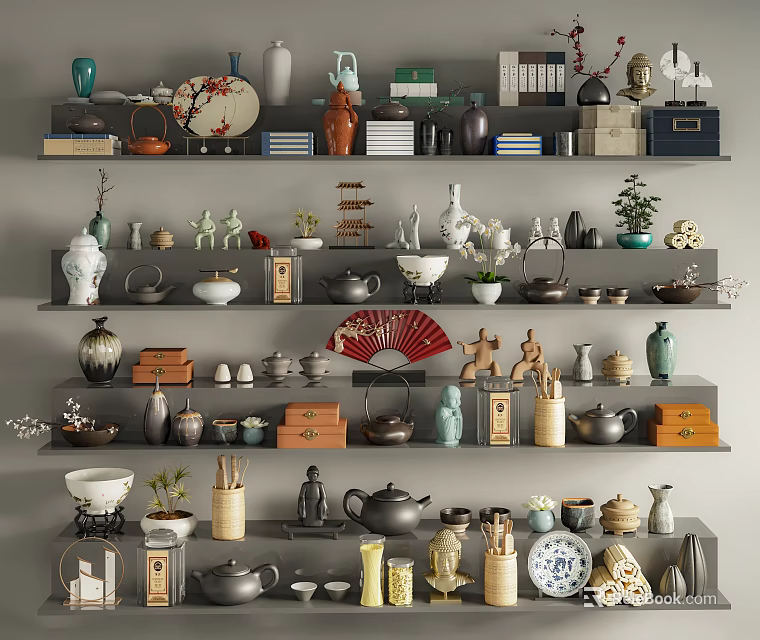 Decorative Ornaments Set with Ceramic Vases Tea Sets Figurines Fans Books on Multi Layer Shelves 3d model 