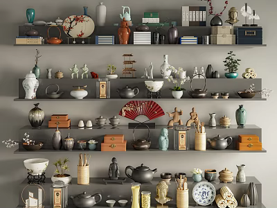 Decorative Ornaments Set with Ceramic Vases Tea Sets Figurines Fans Books on Multi Layer Shelves 3d model
