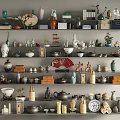 Decorative Ornaments Set with Ceramic Vases Tea Sets Figurines Fans Books on Multi Layer Shelves