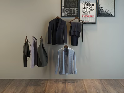 Elegant Hanging Clothes Display With Suits Shirts Coats On Wall And Wooden Floor 3d model