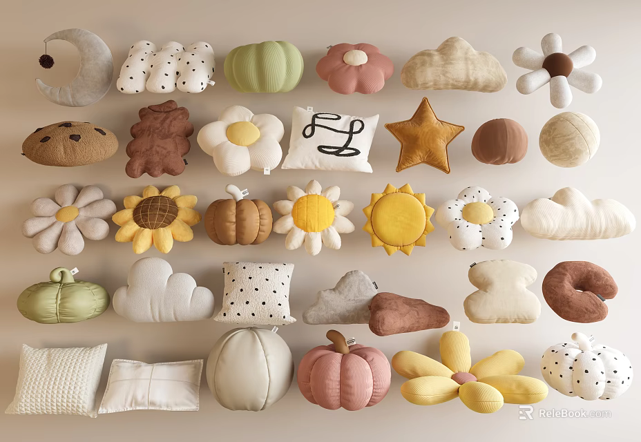 Cute Decorative Pillows with Various Shapes Colorful Designs and Fun Patterns for Home 3d model 